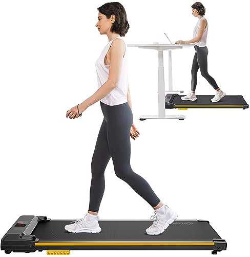 UREVO Tapis Roulant Elettrico Anti Choc,Tapis Roulant Salvaspazio 2 in 1 Walking Pad Display LED e Telecomando,2.25HP,1-6 km/h Tapis Roulant per Casa e Ufficio (Giallo avant)