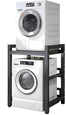 Drum Washing Machine Storage Rack, Height Adjustable Dryer Stand - Stacking Kit with 600KG Load Capacity - Over Washer Storage Rack for Front Loader Washing Machines Tumble Dryers (Black Frame+Black)