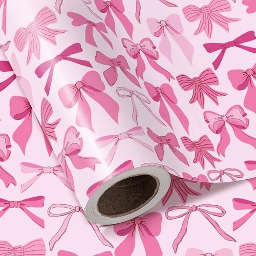 RUSPEPA Geschenkpapierrolle mit rosa Schleife – Minirolle – 43,2 cm x 5 m – Hübsches rosa SchleifenDesign, perfekt für Valentinstag, Mädchengeburtstage, Babypartys