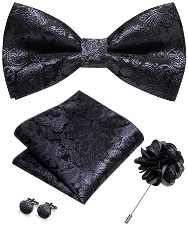 JEMYGINS Herren Paisley Fliegen set inklusive Einstecktuch Manschettenknöpfen und Boutonniere geeignet für Hochzeitsbankette und Partys Dunkelgrau