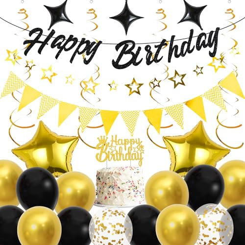 Runyuzi Geburtstagsdeko Luftballons Dekoration Set - Schwarz Gold Happy Birthday Banners mit Wimpel Sternen Girlande Kuchendeko, Sternen Folienballons Konfetti Ballons alle Altersgruppen Geburtstag