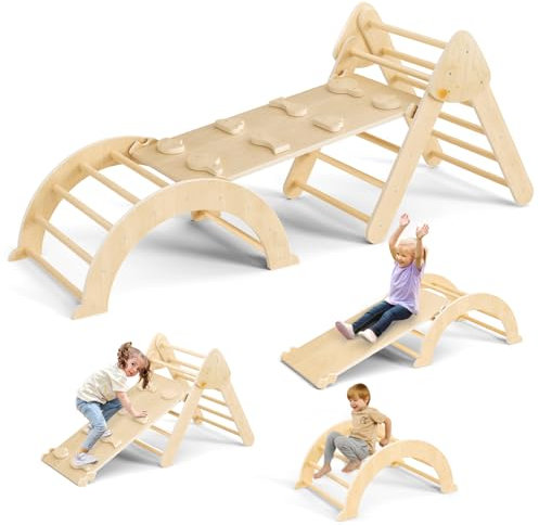 CUPCHID 7 en 1 Triangle Arche Montessori,Arche d'escalade et Toboggan, Triangle en Bois pour Les Tout-Petits de 1 à 3 Ans, Jouet d'escalade d'intérieur (Bois)