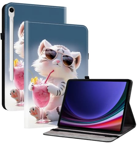 TEDTIKJT Coque Compatible avec Samsung Galaxy Tab S10 FE/S9/S9 FE 11 Etui Tablette Housse PU Cuir Flip Support Protection Motif Peint Coque,Dessin Animé Petit Tigre
