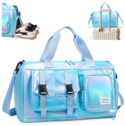 Tokeya Sporttasche Damen Reisetasche mit Schuhfach und Nassfach, Wasserdicht Schwimmtasche Frauen Glitzer Gym Bag Mädchen Leicht Faltbar Duffel Bag für Sport Fitness Training Reisen, Blau