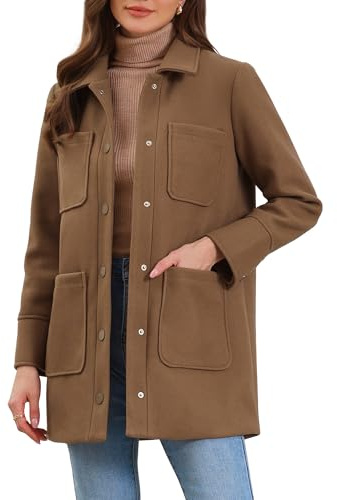 Allegra K Donna Giacca Utility Casual Oversize Invernale Bottoni a Scatto | Colletto Design Quattro Tasche Applicate Fodera Completa Stile Media Lunghezza Autunno Lavoro Vita Quotidiana