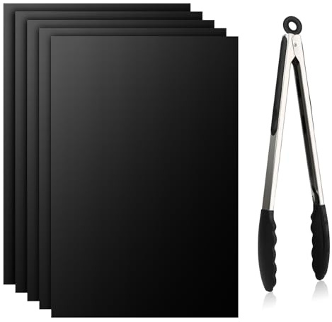 Bigqin BBQ Grill Mats, 5 Pcs Heavy Duty Barbecue Mat 40x30 cm with 9-Inch Clips, Reusable Non-Stick Teflon Grill Mats for Electric Gas Charcoal Barbecues, Easy to Clean