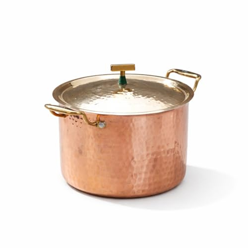 P-TAL Copper Cooking Pot 5QT with Brass Lid | 100% Pure Copper, Golden Hammered Finish | 5QT