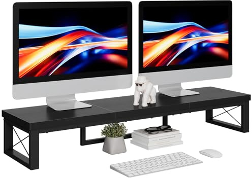 IBUYKE Supporto per Doppio Monitor di Computer, 97cm Legno Tavolo Organizer Supporto, Scrivania da Ufficio con Doppio Schermo, Adatto per PC, Stampanti, Laptop, TV, Nero TDJ002B