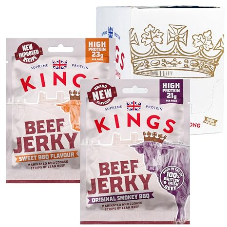 Kings - Beef Jerky - Variety Case - High Protein Snacks, Marinated and Cooked Meat - Sweet and Smokey BBQ - 6 of Each Flavour - Bulk Box of 12 x 60 g Packs