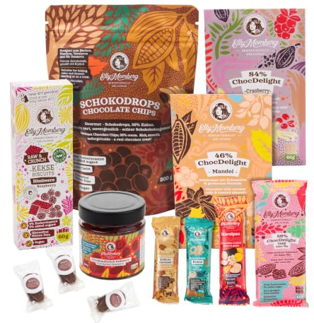Elly Momberg Gourmet-Geschenk-Set L, 12-teilig, vegane Schokolade, Pralinen, Snackbox ohne Zuckerzusatz, Geschenkbox mit Schokodrops, Aufstrich, Riegeln, Keksen, 1,3 kg