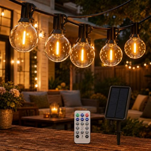 ENLACE Solar Lichterkette Außen, 7M 10 G40 Glühbirnen LED Solarlichterkette mit Fernbedienung, Dimmbar 8 Modi, Wasserdicht Wetterfest Outdoor Lichterketten für Balkon Garten Terrasse Party, Warmweiß