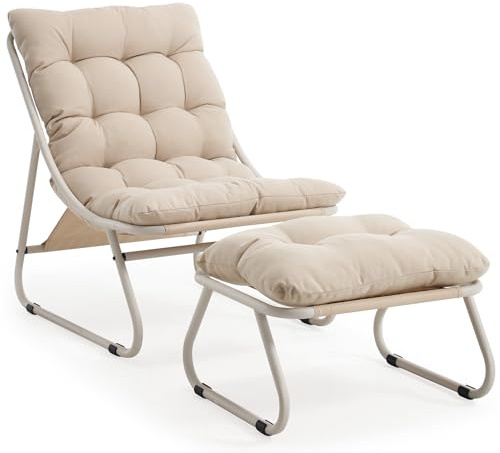 Loungesessel mit Ottoman, Liegestuhl & Relaxsessel aus Stahl, mit separatem Kissen und rutschfesten Fußpolstern – Outdoor Gartenstuhl für Entspannung im Freien, Garten & Balkon (Beige, Polyester)