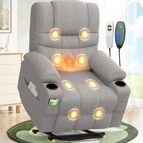 SQUEBILIFE Fernsehsessel Relaxsessel mit 45°Aufstehhilfe, Elektrisch TV-Sessel Wohnzimmer-Sessel mit Massagefunktion & Lendenwirbelheizung, Typ-C + USB-Anschlüsse, 2 Getränkehalter & 4 Seitentaschen