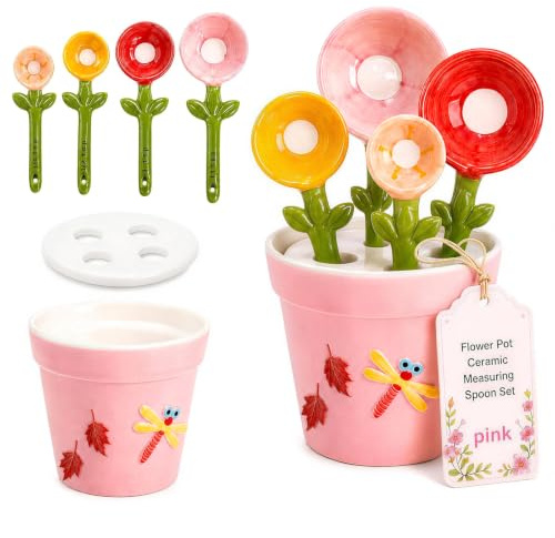 5Pcs Ceramic Flower Measuring Spoon, Cute Flower Measuring Cups and Spoons Set with 1/4 TSP, 1/2 TSP, 1 TSP, 1 Tbsp Spoons, Kitchen Measuring Liquid Food Salt、Sugar and Flour.