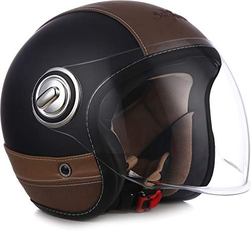 Soxon® SP-888 Pro „Urban Black“ · Jet-Helm · Motorrad-Helm Roller-Helm Scooter-Helm Moped Mofa-Helm Chopper Retro · ECE 22.05 Sonnenvisier Leather-Design Schnellverschluss SlimShell Tasche S (55-56cm)