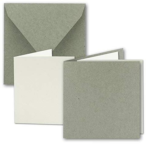 50x Quadratisches Faltkarten Set aus Kraft-Papier in Natur-Grau 15,0 x 15,0 cm - Doppel-Karten mit Briefumschlägen und Einlegeblättern aus Recycling-Papier - Serie Umwelt