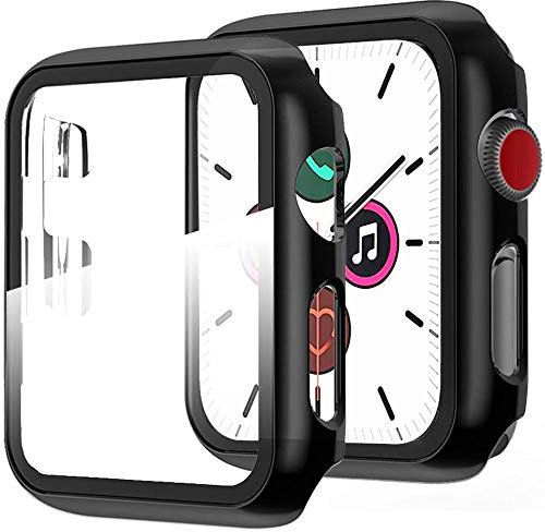 Miimall Funda Compatible con Apple Watch Series 3/2/1 42mm Carcasa Protector Cristal, 2 en 1 PC Case + Vidrio Templado Anti-Choque Protector Pantalla para iWatch Series 3/2/1 42mm - Negro