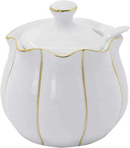 Chase Chic Zuccheriera in Porcellana a Forma di Zucca con Bordo Dorato, Zuccheriera in Ceramica con Coperchio e Cucchiaino per Casa e Cucina 260 ml