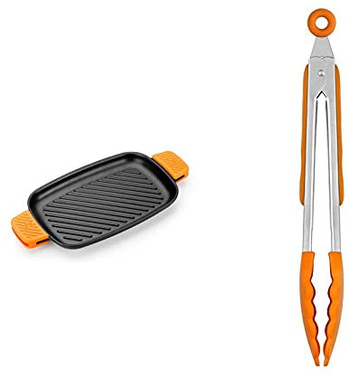 BRA Efficient Iron Parrilla Rectangular Con Rayas, 35 Cm + Efficient Pinza De Cocina, Acero Inox, Nailon Y Silicona, Naranja, 28.5 Cm