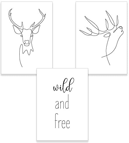 ChicResult Line Art Wandbilder 3er Set HIRSCH - Moderne schwarz-weiß Bilder für Wohnzimmer, Wandbild mit Spruch, Deko Bilder, Bilderset Schlafzimmer, Flur (3 x DIN A4 ohne Bilderrahmen)