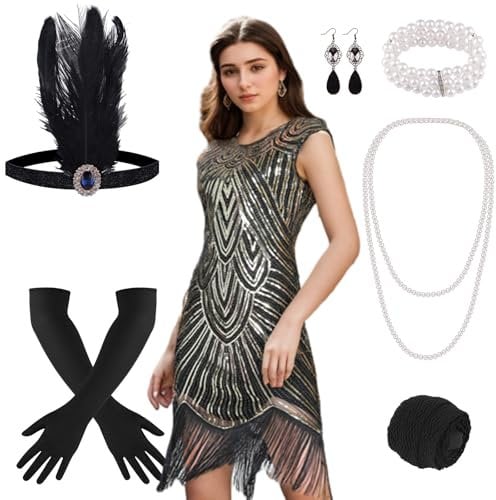 PLULON 1920er Jahre Pailletten Perlen Fransen Flapper Kleid mit 20er Jahre Accessoires Set