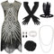 PLULON 1920er Jahre Pailletten Perlen Fransen Flapper Kleid mit 20er Jahre Accessoires Set