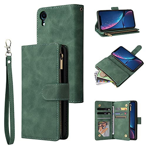UEEBAI Wallet Case for iPhone XR, Premium Vintage PU Leather Magnetic Closure Handbag Zipper Pocket Case Kickstand Card Holder Slots Wrist Strap TPU Shockproof Flip Cover for iPhone XR -Dark Green