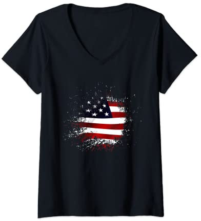 Damen Amerikanischer Flagge USA Amerika T-Shirt mit V-Ausschnitt