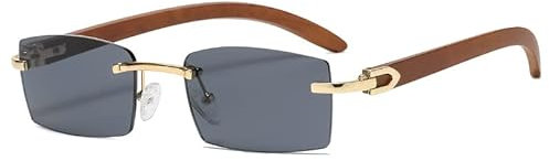 kachawoo Rahmenlose Sonnenbrille Randlose Damenmode Sonnenbrille mit Holzimitat Beinen Blau Grün Uv400 Linse Rechteck Sonnenschutz Herren (black lens)