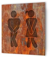 DECOHO - Panneau pictogramme de signalisation · Toilettes Mixtes Humoristique | Texture Rouille - Marron