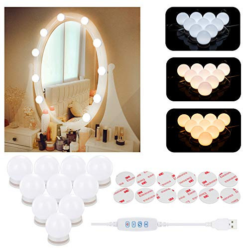 Aourow LED Schminklicht mit Schalter und 10 Dimmbaren Glühbirnen,Hollywood-Stil Spiegelleuchte LED,USB-Kabel-Design Make up Licht mit 6 Helligkeiten und 5 Farbmodi