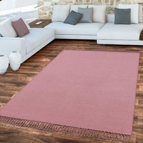 TT Home Tapis Chambre À Coucher Tissage Plat avec Franges Design Uni Tissé Main, Couleur: Rose Clair Mauve, Dimension:80x150 cm