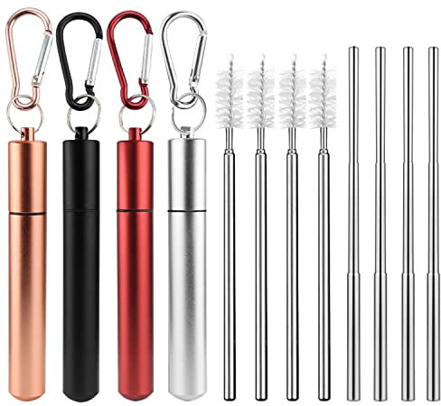 Paille Inox en Metal Pailles Réutilisables 4PCS, Acier Inoxydable Telescopique Paille Portative pour Smoothies Cocktails Boissons Chaudes Comprend Brosses Et Porte Clés