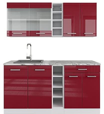 Vicco Singleküche R-Line, Küchenzeile Single, Bordeaux Hochglanz/Weiß, 160 cm, AP Marmor