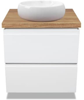 VBChome Badmöbel 60 cm Weiß Linda Mini Aufsatzwaschbecken ohne Hahnloch 40x30 cm Klein Aufsatzwaschtisch mit Waschbeckenunterschrank 2 Schubladen Moduo Badezimmerschrank Modern