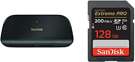 SanDisk ImageMate PRO USB-C Multi Card Reader/Writer & Extreme PRO SDXC UHS-I Speicherkarte 128 GB (V30, Übertragungsgeschwindigkeit 200 MB/s, U3, 4K UHD Videos, SanDisk QuickFlow-Technologie)