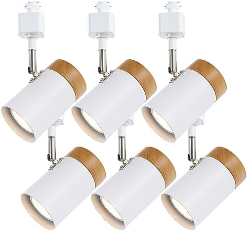 H Type 6 Track Lighting Heads, Natural Solid Wood and Matte White Lampshade Spotlights, Brushed Nickel Swivel Item Kit