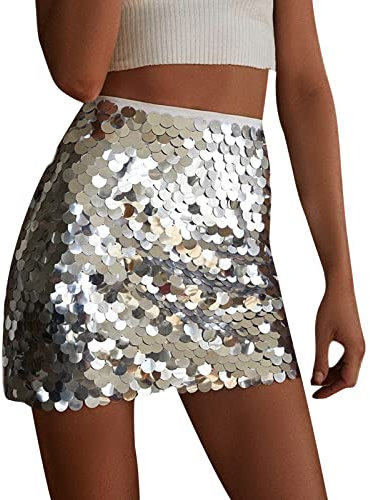 Owegvia Damen Y2k Glitzer-Minirock, figurbetont, hohe Taille, Disco-Pailletten, Clubrock, Bühnenaufführung, Club, Miniröcke, silber, S
