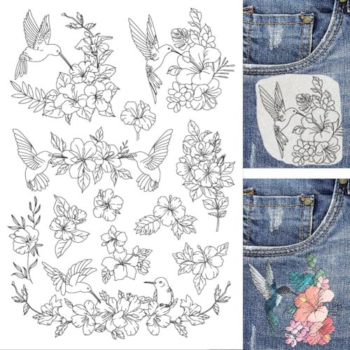 BENECREAT 4 Blatt, 60 Stück Hibiskus-Kolibri, Wasserlösliche Stickerei 29.7x21cm Stick-and-Stitch-Stickpapierstabilisator Wasserlöslich Handnähen Für Hemden, Mäntel, Taschen
