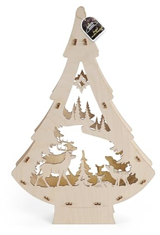 Saico - LED Lichterbaum „Rehe im Wald“ aus Holz - Weihnachtsdeko mit LED-Beleuchtung & integrierter Uhr - Fenster- & Tischdekoration, Geschenkidee Weihnachten - 20,5 x 30 x 4 cm - Made in Germany