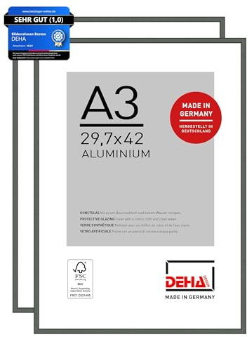 DEHA Design Bilderrahmen, 29,7 x 42 cm (A3) (2er Set), Aluminium, Grau matt, Posterrahmen zum Aufhängen im Hoch- & Querformat, bruchsicheres Kunstglas, Boston