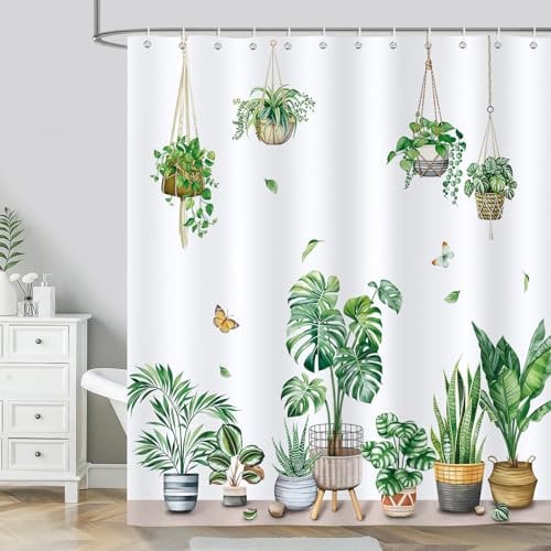 Bonhause Cortina de Ducha Macetas Plantas Tropical Verde Hojas de Palma Cortina de Baño de Poliéster Impermeable Antimoho Lavable Cortina Ducha 180 x 180 cm con 12 Ganchos