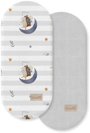 Albero Mio Spannbettlaken Kinderwagen Bettlaken 2 Stück | Größe 80x35 cm | Kinderbettlaken | 100% Baumwollmusselin | Leinenlaken | Moonlit Hedgehog