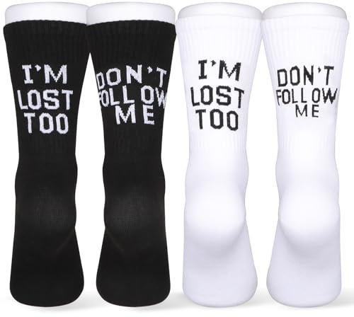GEBETTER 2 Paar 2 Farben Baumwolle Socken 36-45 mit Spruch Don't Follow Me I'm Lost Too Baumwollsocken lustige Buchstaben Sportsocken mit Motiv für Damen Herren Unisex Business
