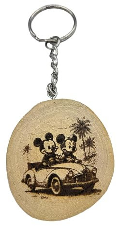 Promotech zauberhafter Mickey Mouse Laser-gravierten Naturholz-Schlüsselanhänger: Das ideale Geschenk für Erwachsene und Kinder! (Mickey & Minnie Driving)
