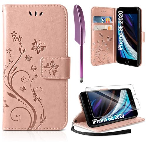 AROYI Lederhülle Kompatibel mit iPhone SE 2022/2020/7/8 Hülle und Schutzfolie,Handyhülle Flip PU Leder Wallet Tasche Case Schutzhülle Kompatibel mit iPhone SE 2022/2020/7/8 Roségold