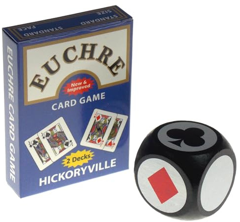 Hickoryville Paquete de cartas Euchre - 2 mazos Euchre en una caja con dados marcadores de traje blanco y negro