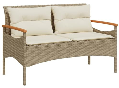 vidaXL Gartenbank mit Kissen, Parkbank mit Stahlrahmen, Sitzbank für Terrasse Garten Balkon, Gartenmöbel Balkonbank, Beige Poly Rattan