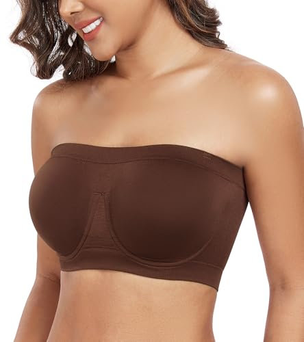 DotVol Women's Underwire Strapless Non Padded Multiway Bras Stretchy Tube Top Bandeau Bra(Brown,XL)