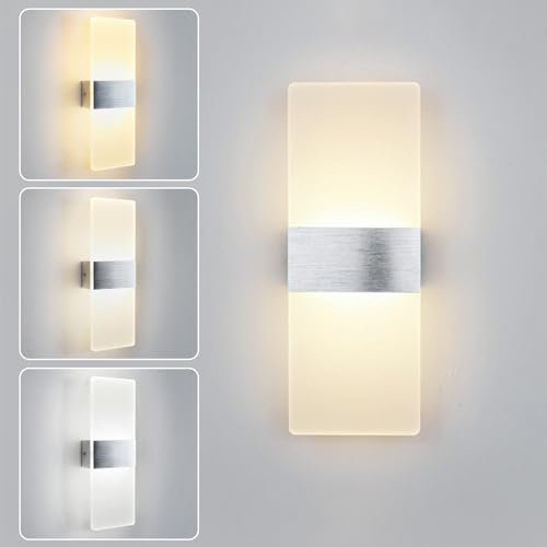 CRFASIBE LED Wandleuchte Innen Dreifarbige, 6W Rechteckige Acryl LED Wandleuchte, Moderne Innen Wandleuchten für Wohnzimmer Schlafzimmer Treppenhaus Küche Korridor (Silber)